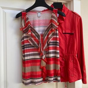 CACHE Ruffled Striped Cotton Tank Size L